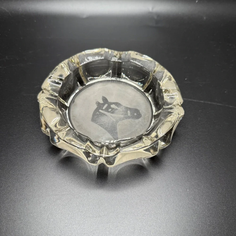 Glass Ashtray Horse Head Etched Design‎ Heavy Crystal Clear Ashtray